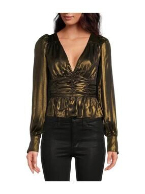 WAYF Women's Brass Gold Tie Back Peplum Blouse Top Size Medium NEW $118
